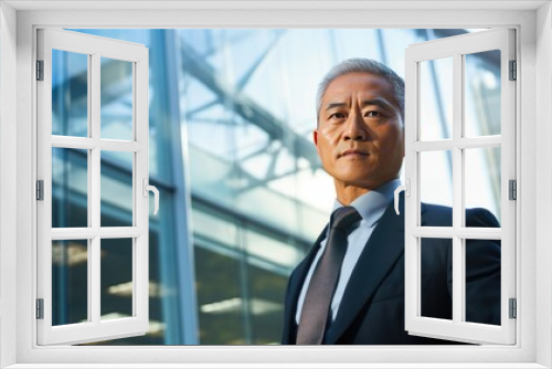 Portrait of a senior Asian businessman in front of a modern corporate glass building