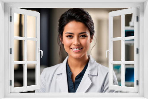 Smiling dentist woman with wavy hair in white coat in dental office.