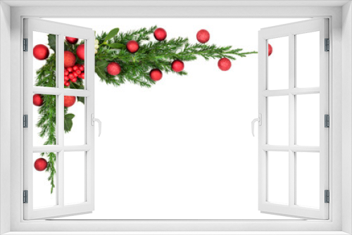 Fototapeta Naklejka Na Ścianę Okno 3D - Christmas background frame with red bauble decorations holly, mistletoe and winter flora on white. Abstract minimal design for greeting card, label, invitation, menu, gift tag.