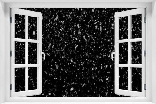 Fototapeta Naklejka Na Ścianę Okno 3D - Snowfall on a black background, snowflakes falling at night illuminated by white light, 3d rendering