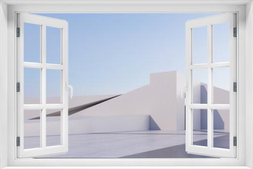 Fototapeta Naklejka Na Ścianę Okno 3D - white abstract futuristic architecture on a flat floor, with sky background. 3D illustration render