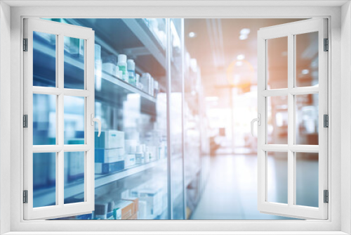 Blurred background of a pharmacy store. Pharmacist and medicine concept.