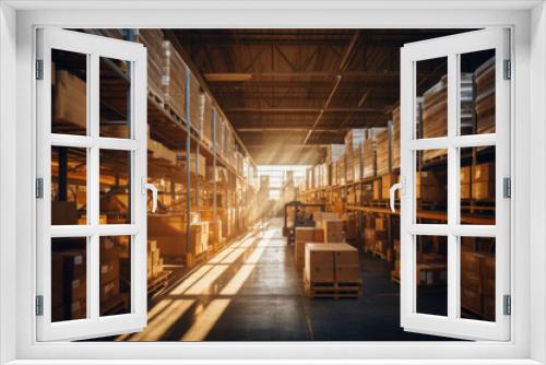 Modern contemporary warehouse with warm sunlight filtering through rows of goods. AI generated