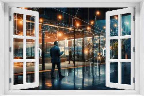 businessman in an modern office with luminous network illustrations. 