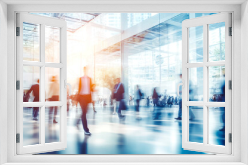 Image of people in the lobby of a modern business center with a blurred background. AI Generated