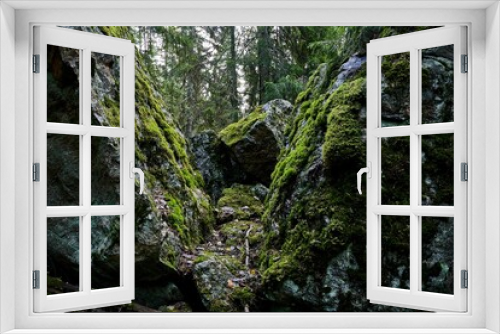 Fototapeta Naklejka Na Ścianę Okno 3D - two large rocks with moss covering them near a forest filled with trees