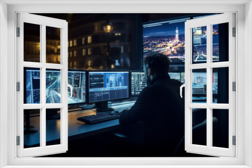 Real back view unknown man standing in office, row of big monitors showing city view. Professional programming company workflow, television, cybersecurity, modern technologies and innovations concept