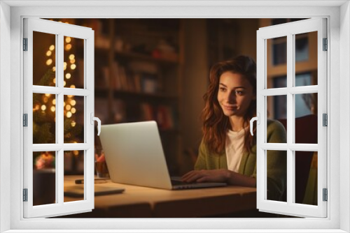  online christmas shopping, Woman Enjoys the Warmth of Her Living Room Adorned with a Christmas Tree, While She Sits by a Wooden Table and Embarks on Festive Online Shopping