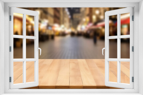 Empty wooden table and blurred background of shopping mall, product display mockup.