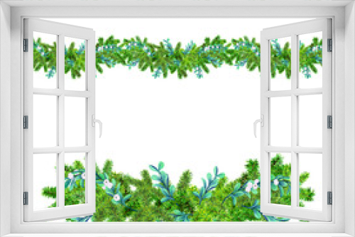 Fototapeta Naklejka Na Ścianę Okno 3D - Hand painted Garland of green firs with snowberries for new year decor