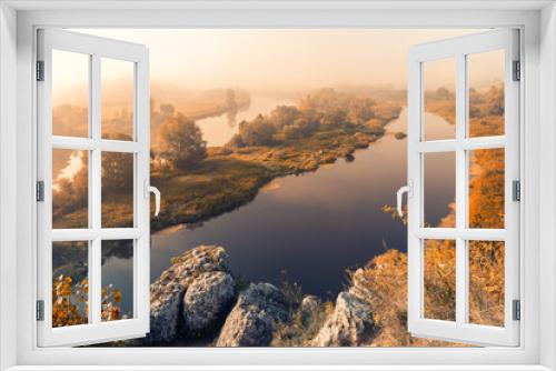 Fototapeta Naklejka Na Ścianę Okno 3D - Jesienny krajobraz, poranek i mgła nad rzeka, Kraków, Polska