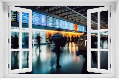 Dynamic shot of travelers in motion against flight information display in bustling airport terminal