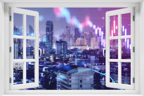 Fototapeta Naklejka Na Ścianę Okno 3D - Creative glowing downward candlestick forex chart on blurry wide night city buildings background. Crisis, financial loss and real estate market crash concept. Double exposure.