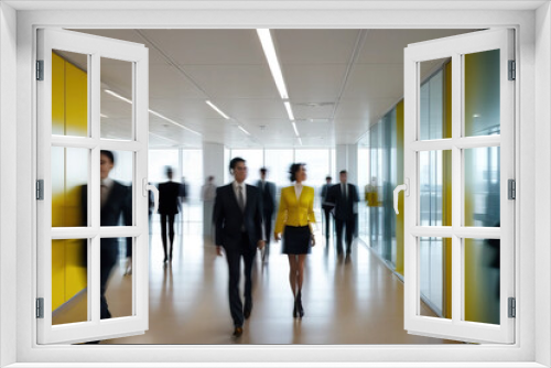 Bright business workplace with people walking in blurred motion
