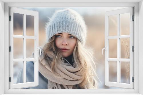 Image of a woman in the winter, with winter landscape bokeh in the  background, with empty copy space