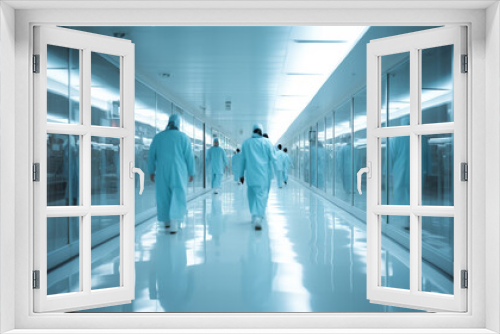 Motion Blur Shot Of Medical Staff Wearing Scrubs In Busy Hospital Corridor