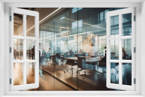 Business personnel appear out of focus within a modern office space featuring translucent glass. Business people in a meeting room with panoramic windows and city view, out of focus panoramic banner