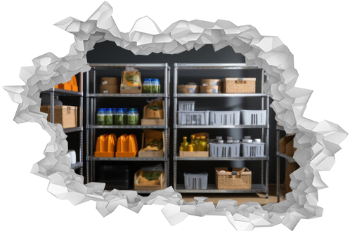 Home food storage room. Various jars with Home Canning Fruits and Vegetables jam on shelves.