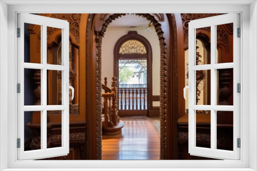 detailed view of ornate woodwork on an arched doorway