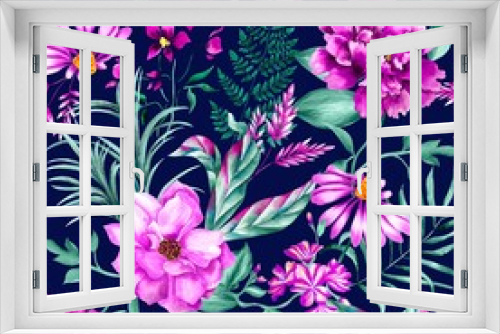 Fototapeta Naklejka Na Ścianę Okno 3D - Watercolor flowers pattern, purple tropical elements, green leaves, navy blue background, seamless