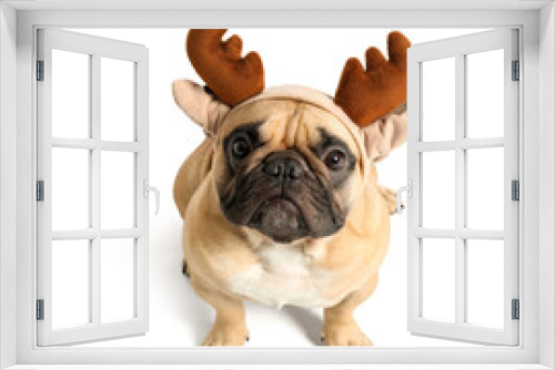 Fototapeta Naklejka Na Ścianę Okno 3D - Cute pug dog in Christmas deer horns isolated on white background