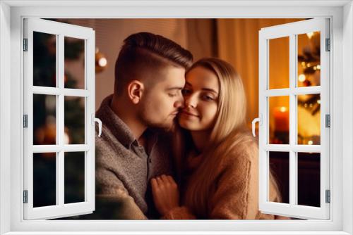 couple in love hugging in the room near the Christmas tree