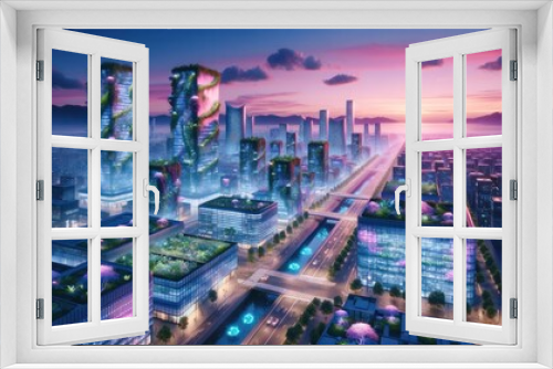 A digital metropolis embraces the future as skyscrapers reach towards the sky, crowned with lush greenery, while the sun sets on a landscape of technological marvels