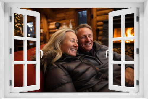 Happy middle age couple sitting near a fireplace indoor winter forest cabin