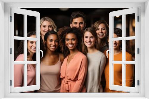 Half-length studio portrait of eight cheerful young diverse multiethnic women. Female friends in beautiful dresses smiling at camera while posing together. Diversity, beauty, friendship concept.