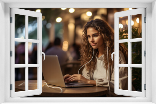 Beautiful girl immersed in her remote work, gracefully using her laptop in the cozy ambiance of a coffee shop. Ai generated