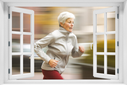 Elderly woman running quickly, motion blurred.