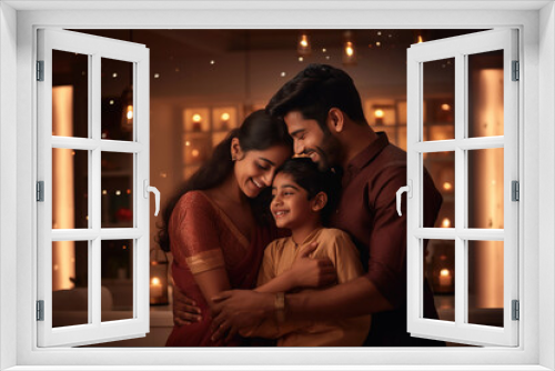 Young loving couple and their child hugging together on the occasion of Diwali festival.