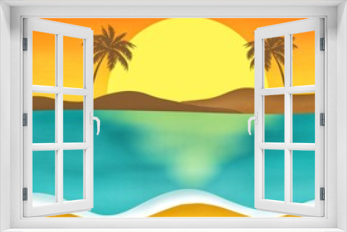 Fototapeta Naklejka Na Ścianę Okno 3D - Mountain Island with Palm Trees Landscape Natural View on Sunset Sky Graphic Cartoon Wallpaper Background