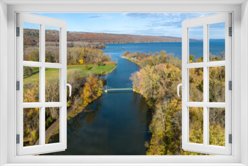 Fototapeta Naklejka Na Ścianę Okno 3D - Fall, autumn, drone aerial image with view of Stewart Park at the south end of Cayuga Lake, Ithaca New York.	
