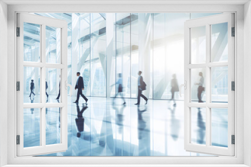 Blurred group of business people walking in a modern office banner. Crowd of business people walking in office fast moving with blurry business decks glass fronts