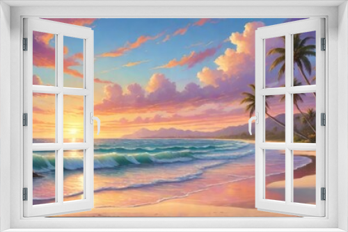 Fototapeta Naklejka Na Ścianę Okno 3D - sunset on the beach With palm tree . illustration