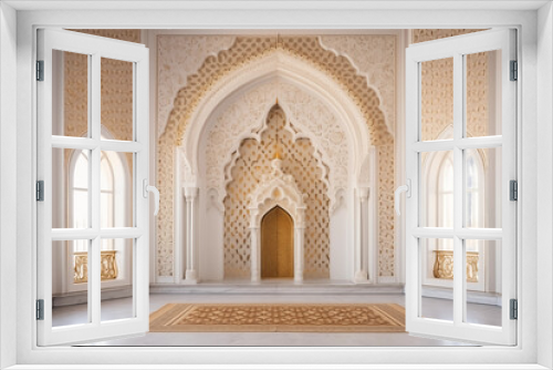 A beautifully decorated mosque mihrab, symbolizing the focal point of prayer and devotion, creativity with copy space