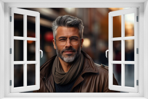 Man wearing glasses and scarf is seen walking on city street. This image can be used to depict urban fashion or stylish winter look.