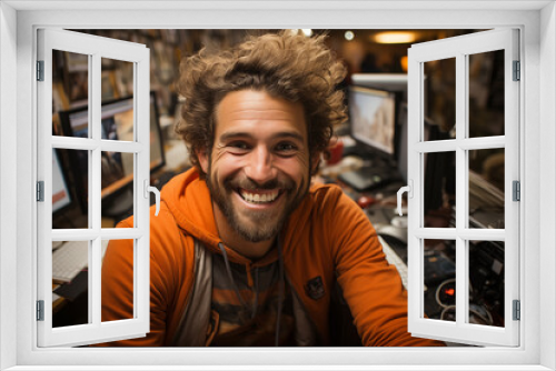 Joyful Young Man with a Bright Smile against the background of computers