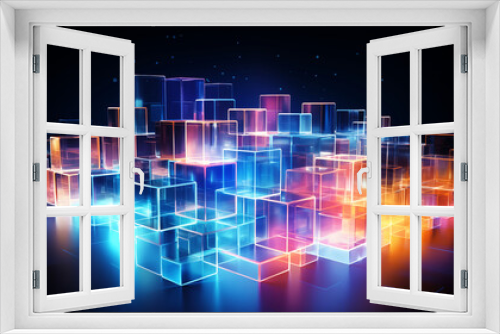 Abstract geometric rectangle shape pink blue, purple and orange color, transparent block, perspective background. 3D illustration.	