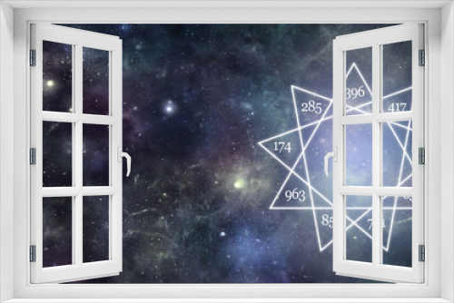 Fototapeta Naklejka Na Ścianę Okno 3D - Solfeggio nine pointed star message banner - deep space night sky background with a 9 point star containing the nine solfeggio frequencies and copy space for messages on left side
