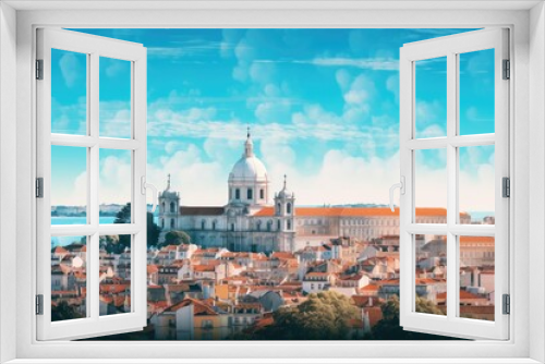 Panoramic view of Lisbon, Portugal, Europe. Mixed media, panorama of the mountains, AI Generated