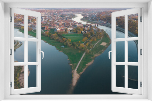 Fototapeta Naklejka Na Ścianę Okno 3D - River Neris and Nemun confluence in Kaunas Lithuania. Drone aerial city and nature view. Kauno santaka