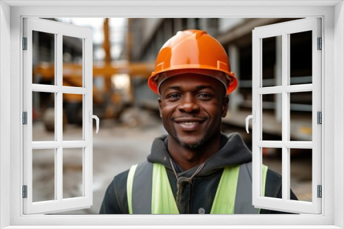 Happy african american man in an engineer hard hat at a construction site. Work process, construction of a house