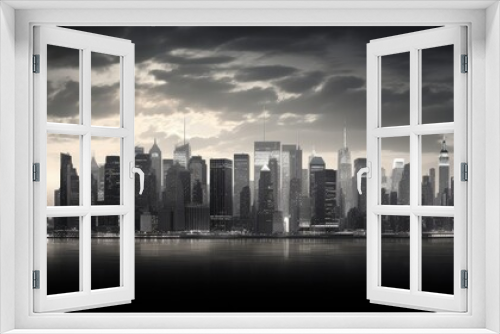 As the sun sets over the city the black and white skyline of Manhattan emerges showcasing its iconic skyscrapers that define the urban architecture in the new office buildings creating a br
