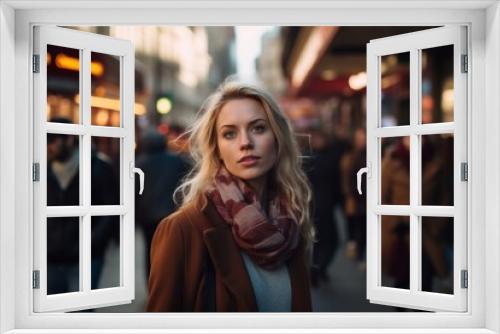 Portrait of a beautiful blonde girl in a coat and scarf on a city street