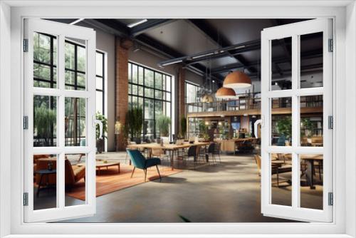 Stylish Indoor Co-Working Space with Trendy Modern Furniture, Comfortable Chairs, Chic Tables, and Lush Greenery from Fresh Plants Creating a Welcoming and Productive Atmosphere