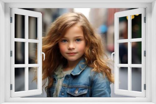 portrait of a beautiful little girl with long hair in the city