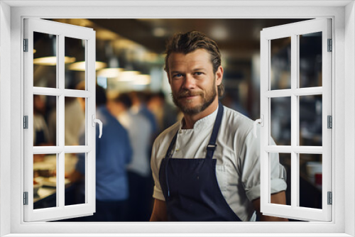 A male chef in a bustling kitchen, soft natural light, dressed in a chef's uniform