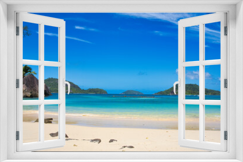 Fototapeta Naklejka Na Ścianę Okno 3D -  Sunny, white sandy beach, turquoise water at port glaud beach, Mahe, Seychelles. 4.